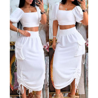 Pocket Design Crop Top & Ruched Drawstring Skirt Set - white