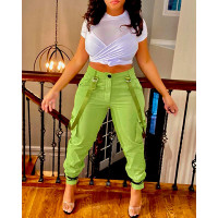 Pocket Design Cuffed Suspender Jumpsuit - green