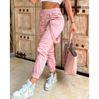 Pocket Design Cuffed Suspender Pants - pink