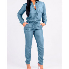 Pocket Design Drawstring Denim Jumpsuit - blue