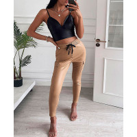 Pocket Design Drawstring Skinny PU Pants - khaki