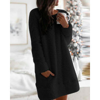 Pocket Design Fluffy Sweater Dress - black