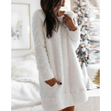 Pocket Design Fluffy Sweater Dress - white