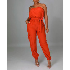 Pocket Design Frill Trim Belted Bandeau Jumpsuit - orange