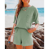 Pocket Design Half Sleeve Slit Top & Shorts Set - green