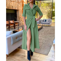 Pocket Design High Slit Tied Detail Maxi Dress - Army green