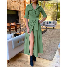 Pocket Design High Slit Tied Detail Maxi Dress - Army green