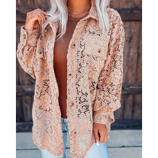 Pocket Design Hollow Out Lace Top - Apricot