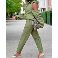 Pocket Design Hooded Sweatshirt & High Waist Pants Set - green