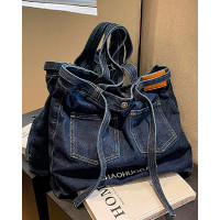 Pocket Design Large Capacity Denim Tote Bag - blue