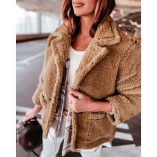 Pocket Design Long Sleeve Buttoned Teddy Coat - coffee