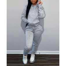 Pocket Design Long Sleeve Hooded Sweatshirt & Pants Set - gray