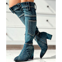 Pocket Design Over The Knee Chunky Boots - dark blue