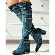 Pocket Design Over The Knee Chunky Boots - dark blue