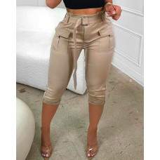 Pocket Design Paperbag Waist Cargo Pants With Belt - khaki