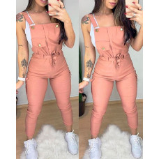 Pocket Design Plain Suspender Jumpsuit - pink