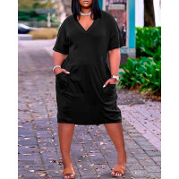 Pocket Design Short Sleeve Casual Dress - black