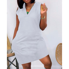 Pocket Design Sleeveless Casual Dress - gray