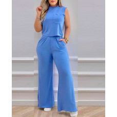 Pocket Design Sleeveless Top & Wide Leg Pants Set - blue