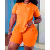 Pocket Design T-shirt & Shorts Set - orange