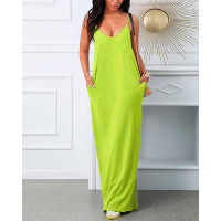 Pocket Design V-Neck Spaghetti Strap Maxi Dress - light green