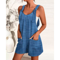 Pocket Design V-Neck Suspender Romper - blue