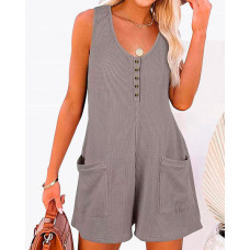 Pocket Design Waffle Knit Romper - gray