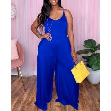 Pocket Design Wide Leg Cami Jumpsuit - blue