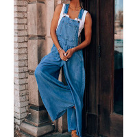 Pocket Design Wide Leg Denim Suspender Jumpsuit - blue