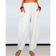 Pocket Detail Elastic Waist Casual Pants - white