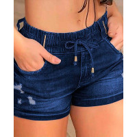 Pocket Detail Ripped Drawstring Denim Shorts - dark blue