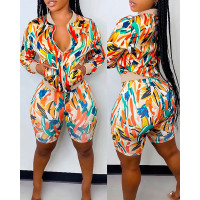 Pocket Zipper Decor Allover Print Coat & Shorts Set - Multicolor