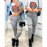 Pocket Zipper Decor Casual Pants - gray