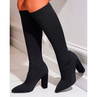 Point Toe Chunky Long Knit Boots - black