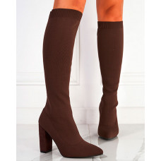 Point Toe Chunky Long Knit Boots - coffee