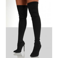 Point Toe Knit Over The Knee Boots - black