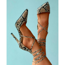 Pointed Toe Snakeskin Print Strappy Stiletto Heels - snakeskin