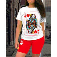 Poker Print Short Sleeve Top & Shorts Set - red