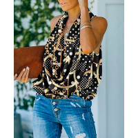 Polka Dot Chain Print Cowl Neck Top - black