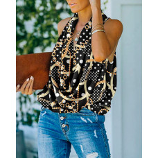 Polka Dot Chain Print Cowl Neck Top - black