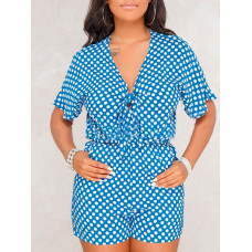 Polka Dot Knot Front Pocket Playsuit - blue