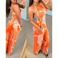 Polka Dot Leaf Print Ladder Cutout Jumpsuit - orange