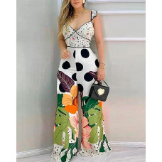 Polka Dot Leaf Print Wide Leg Jumpsuit - Multicolor