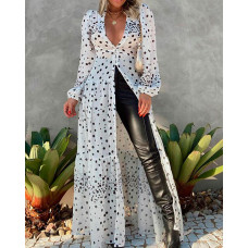 Polka Dot Long Sleeve Button Front Maxi Dress - white