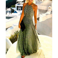 Polka Dot Print Chiffon Pleated Maxi Dress - green