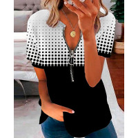 Polka Dot Print Colorblock Zipper Front Top - black