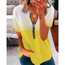 Polka Dot Print Colorblock Zipper Front Top - yellow