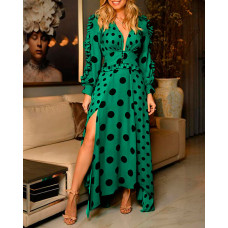 Polka Dot Print Frill Hem Top & Slit Maxi Skirt Set - green