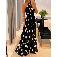 Polka Dot Print Halter Backless Ruched Maxi Dress - black