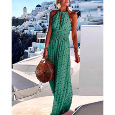 Polka Dot Print Halter Cutout Front Maxi Dress - green